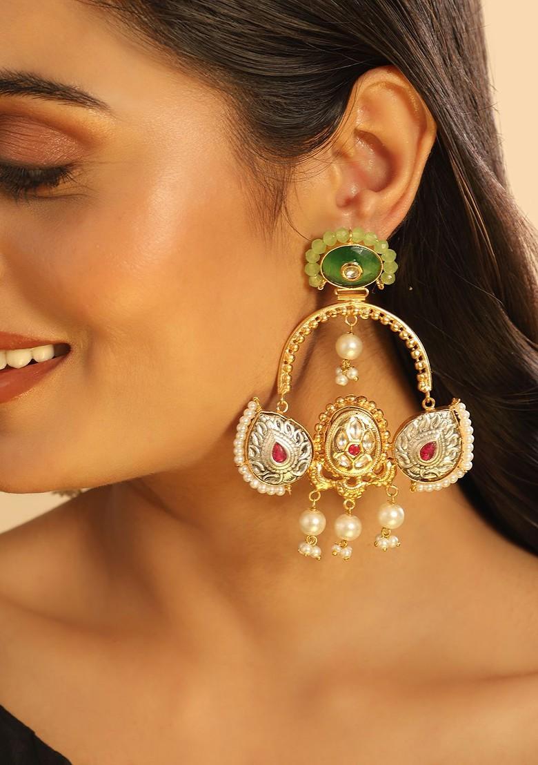 Gold Plated Crystals Studded Contemporary Drop Earrings - Indya