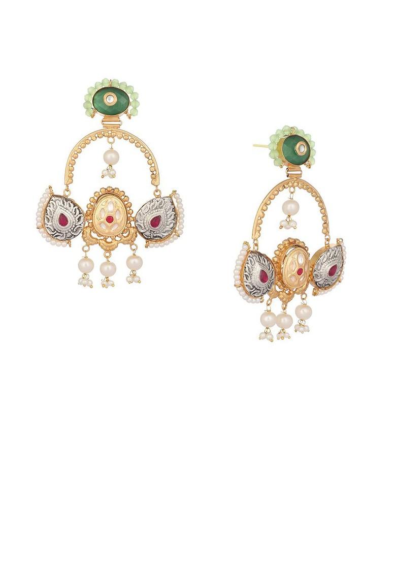 Gold Plated Crystals Studded Contemporary Drop Earrings - Indya