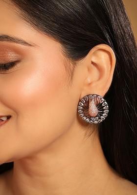 Rhodium Plated Cubic Zirconia Studded Contemporary Shaped Peacock Studs