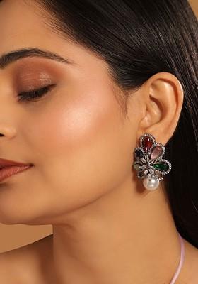 22K Gold Plated Cubic Zirconia Studded Contemporary Shaped Drop Earrings