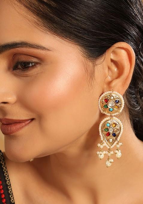 22K Gold Plated Navratan Kundan Studded Traditional Petal Drop Dangler Earrings