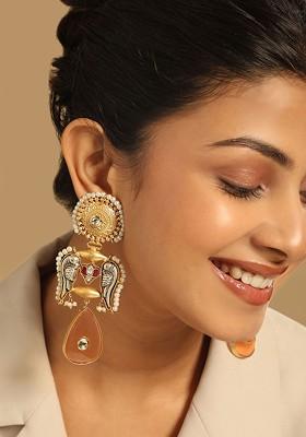 18K Gold Plated Semi Precious Stone Studded Anti Tarnish Peacock Dangler Earrings