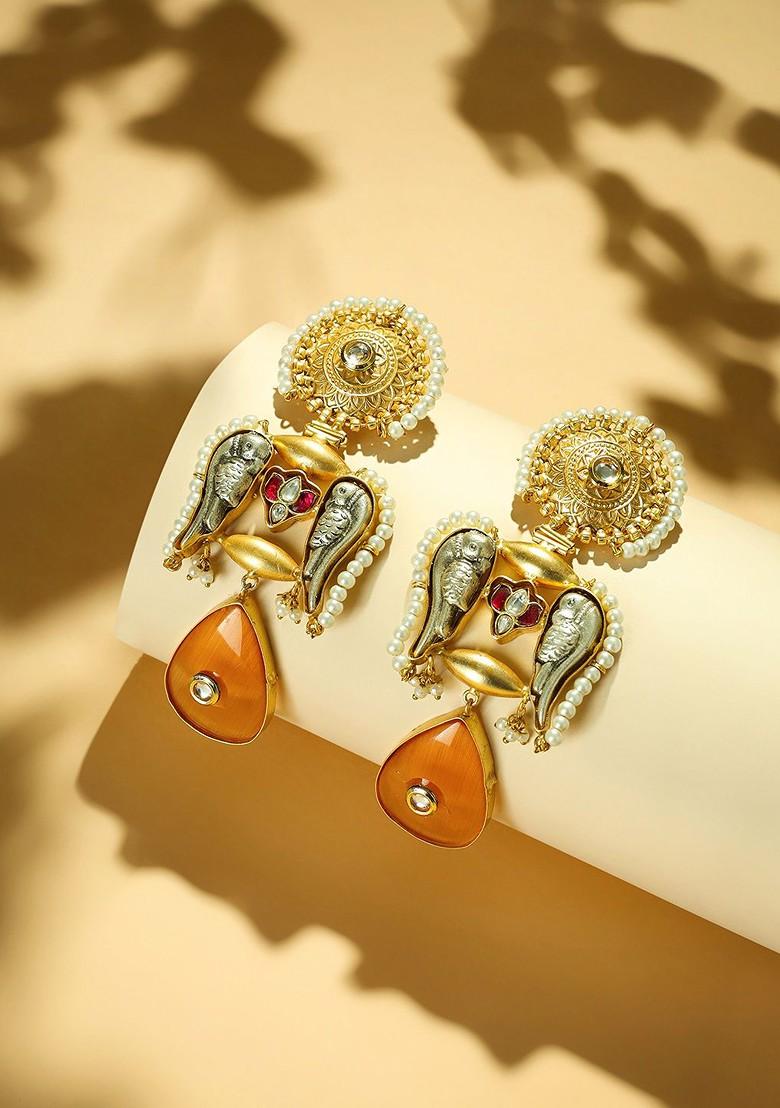 18K Gold Plated Semi Precious Stone Studded Anti Tarnish Peacock Dangler Earrings - Indya