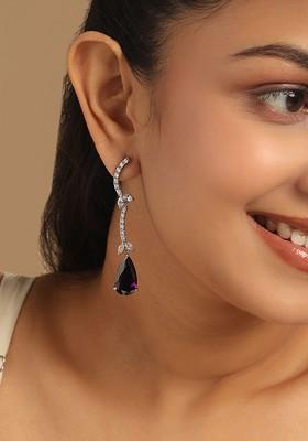 Rhodium Plated Cubic Zirconia Studded Contemporary Drop Earrings