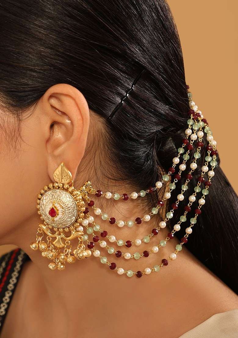 Gold Plated Stones Studded And Beaded Ear Chains - Indya
