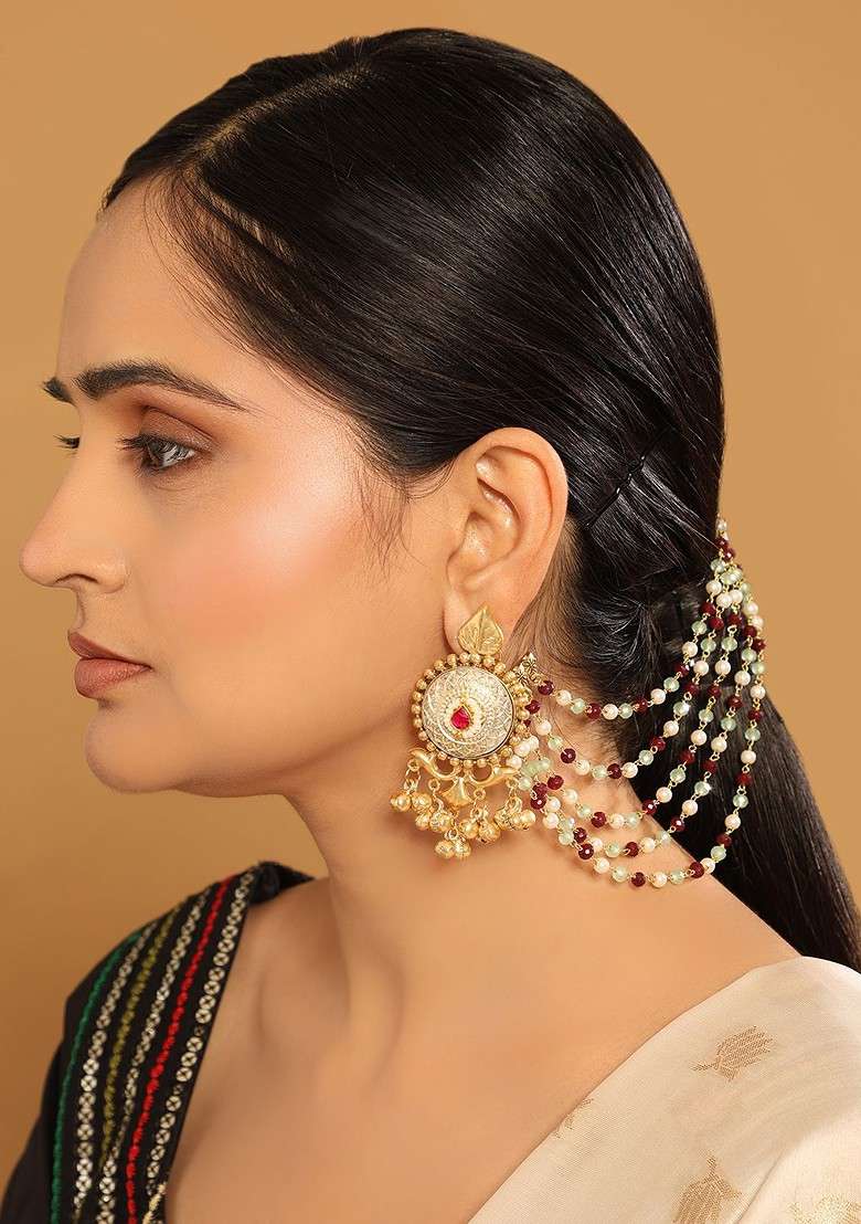 Gold Plated Stones Studded And Beaded Ear Chains - Indya