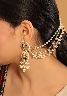 22K Gold Plated Pearl Strings Studded Triple Strand Layered Ear Chain