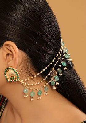 22K Gold Plated Pearl Chain Semi Precious Stones Triple Strands Layered Ear Chain