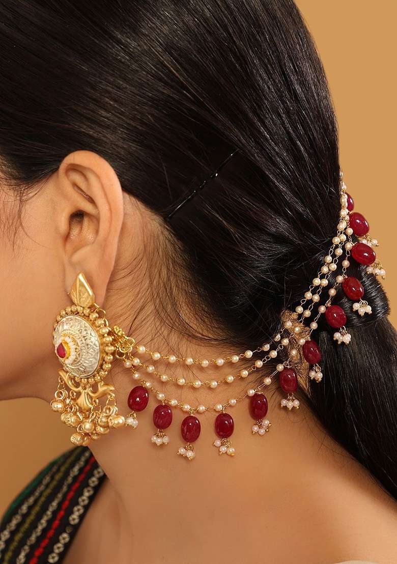 22K Gold Plated Pearl Chain Semi Precious Rubys Triple Strands Layered Ear Chain - Indya
