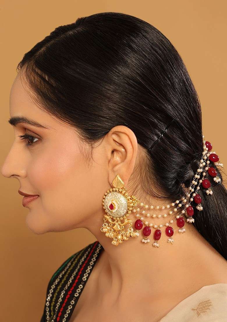 22K Gold Plated Pearl Chain Semi Precious Rubys Triple Strands Layered Ear Chain - Indya