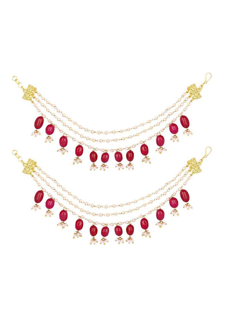 22K Gold Plated Pearl Chain Semi Precious Rubys Triple Strands Layered Ear Chain - Indya