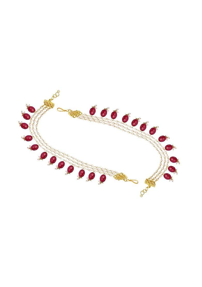 22K Gold Plated Pearl Chain Semi Precious Rubys Triple Strands Layered Ear Chain - Indya