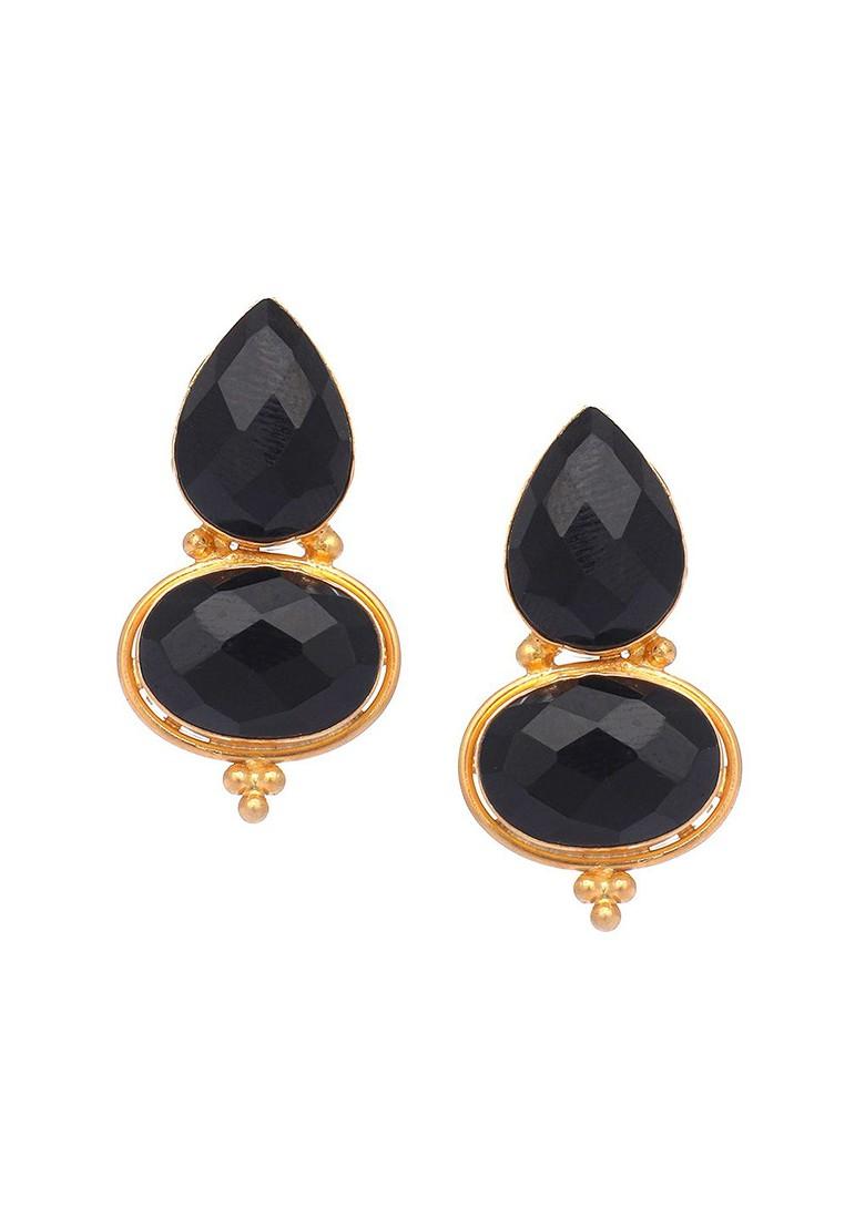 22K Gold Plated Black Embrace Crystals Studded Contemporary Drop Earrings - Indya