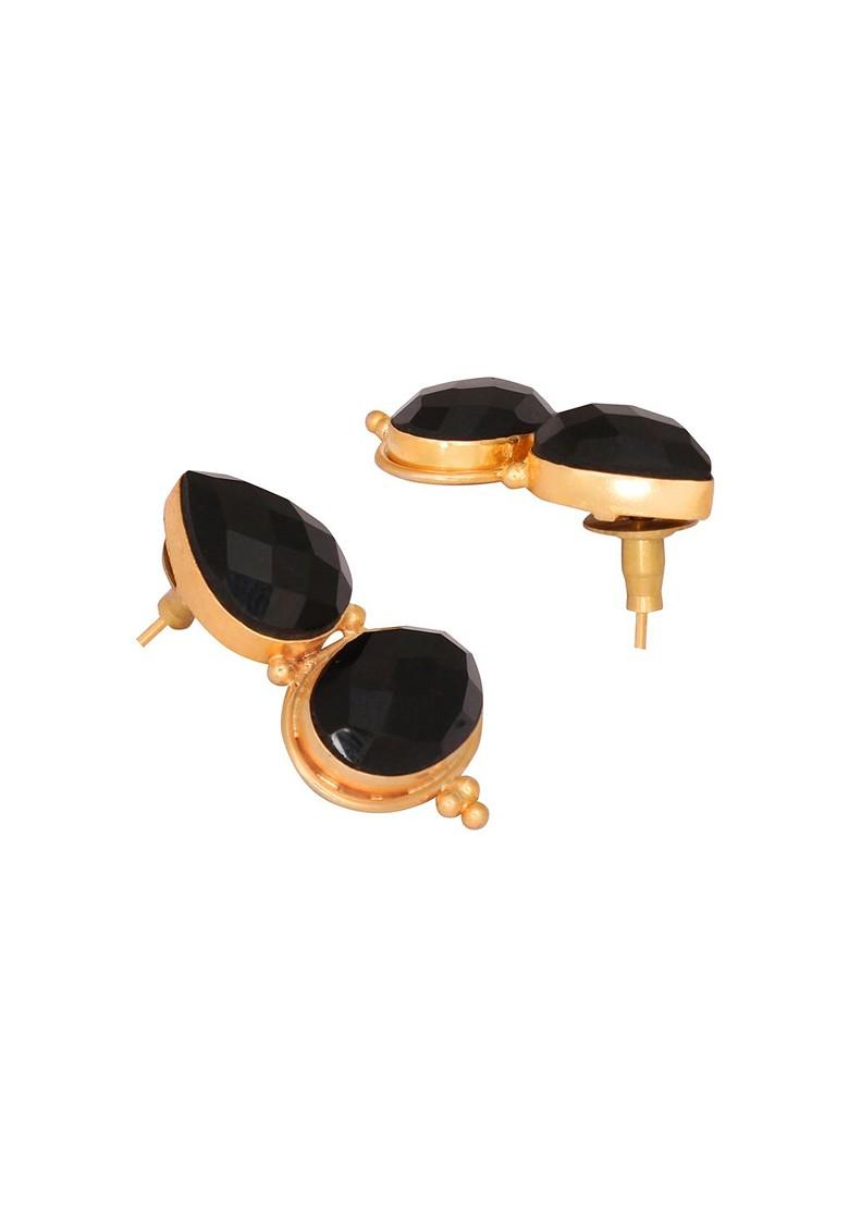 22K Gold Plated Black Embrace Crystals Studded Contemporary Drop Earrings - Indya