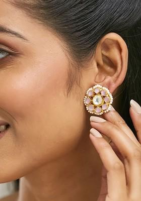 22K Gold Plated Pink Kundan Studded And Pearls Beaded Floral Shaped Studs