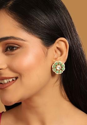 22K Gold Plated Green Kundan Studded And Pearls Beaded Floral Shaped Studs