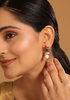 22K Gold Plated Pearl Drop Floral Shaped Stud Earrings