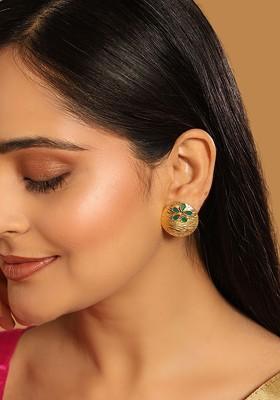 22K Gold Plated Faux Emerald Stones Studded Circular Floral Shaped Motif Studs