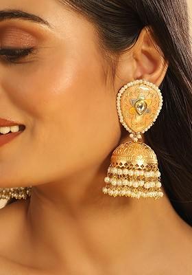 Gold Plated Artificial Stones Studded And Beaded Dome Shaped Jhumkas