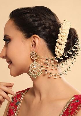 Gold Plated Pearls Beaded Contemporary Drop Earrings With Ear Chain