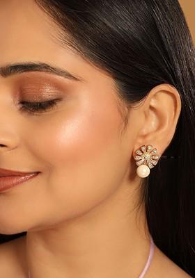 22K Gold Plated Pearl Drop Zircon Floral Shaped Mini Stud Earrings