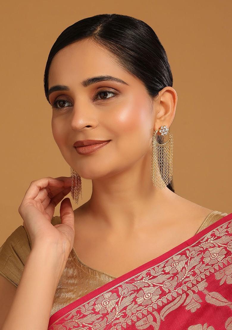 22K Gold Plated Swarovski Crystal Studded Floral Contemporary Stud Dangler Earrings - Indya