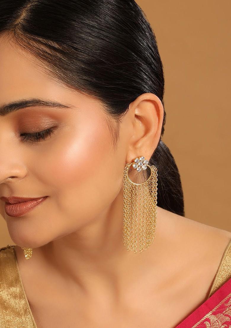 22K Gold Plated Swarovski Crystal Studded Floral Contemporary Stud Dangler Earrings - Indya