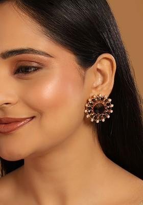 22K Gold Plated Faux Smoky Quartz And Crystal Studded Contemporary Floral Shape Studs