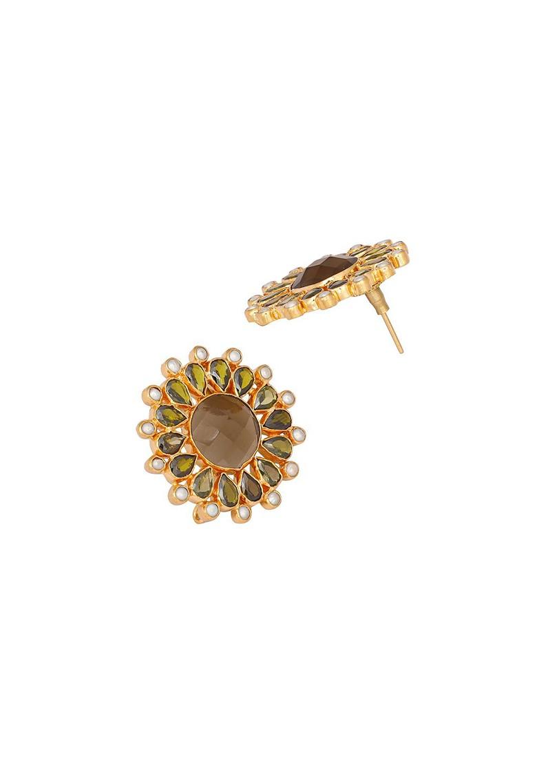 22K Gold Plated Faux Smoky Quartz And Crystal Studded Contemporary Floral Shape Studs - Indya
