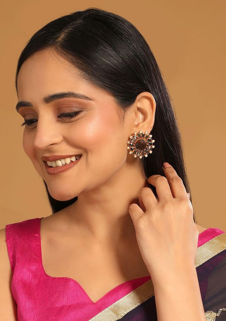 22K Gold Plated Faux Smoky Quartz And Crystal Studded Contemporary Floral Shape Studs - Indya