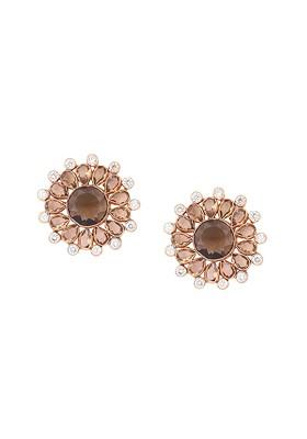 22K Gold Plated Faux Smoky Quartz And Crystal Studded Contemporary Floral Shape Studs