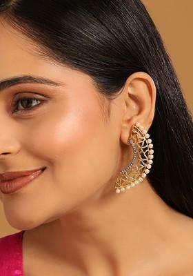 22K Gold Plated Zircon Studded And Pearl Beaded Contemporary Shaped Statement Studs