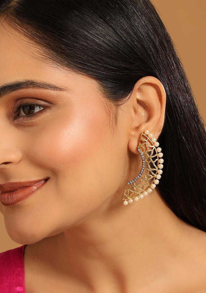 22K Gold Plated Zircon Studded And Pearl Beaded Contemporary Shaped Statement Studs