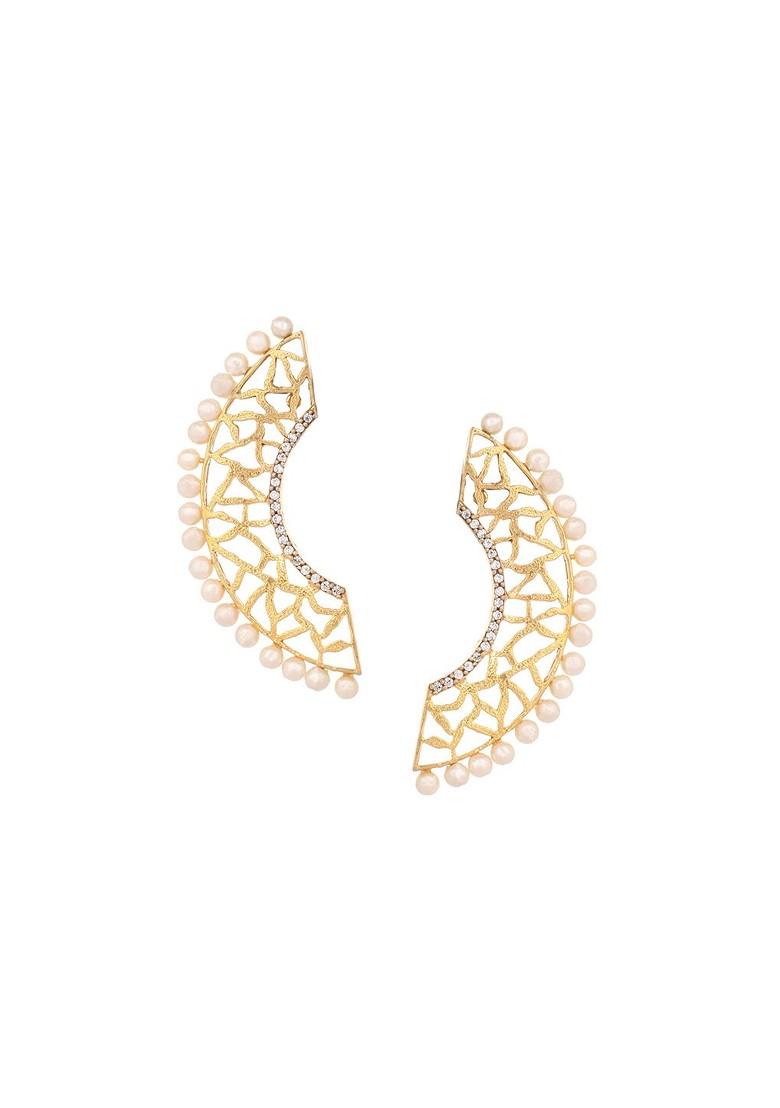 22K Gold Plated Zircon Studded And Pearl Beaded Contemporary Shaped Statement Studs