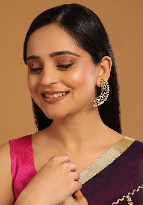 22K Gold Plated Zircon Studded And Pearl Beaded Contemporary Shaped Statement Studs