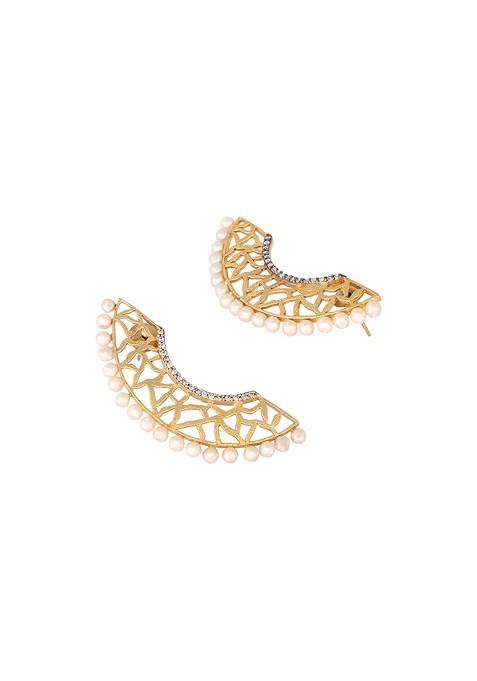 22K Gold Plated Zircon Studded And Pearl Beaded Contemporary Shaped Statement Studs