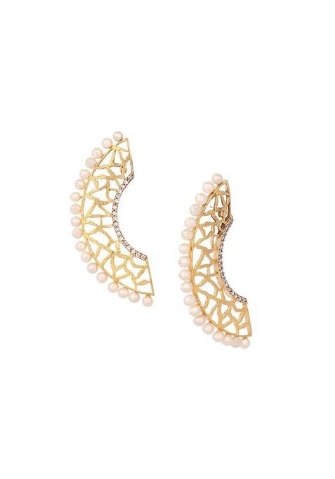 22K Gold Plated Zircon Studded And Pearl Beaded Contemporary Shaped Statement Studs