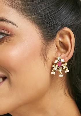 22K Gold Plated Kundan And Ruby Stone Studded And Pearl Beaded Ethnic Studs