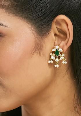 22K Gold Plated Elegant Kundan And Green Stone Studded Pearl Beaded Ethnic Studs