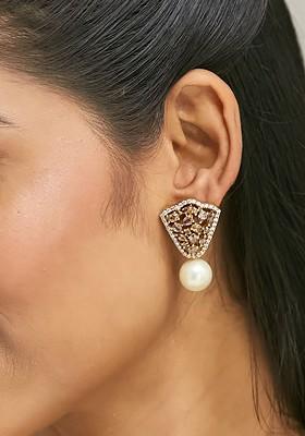 22K Gold Plated Zircon Stone Studded And Pearls Drop Stud Earrings