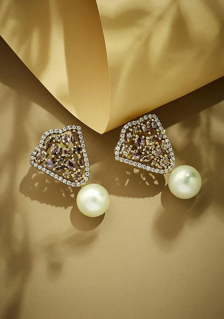 22K Gold Plated Zircon Stone Studded And Pearls Drop Stud Earrings - Indya