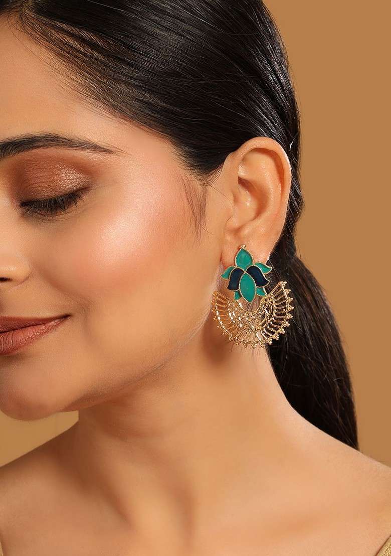 22K Gold Plated Turquoise Enamel Studded Indo Western Floral Jali Stud Earrings - Indya