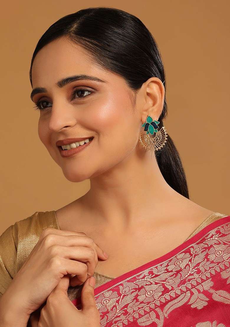 22K Gold Plated Turquoise Enamel Studded Indo Western Floral Jali Stud Earrings - Indya