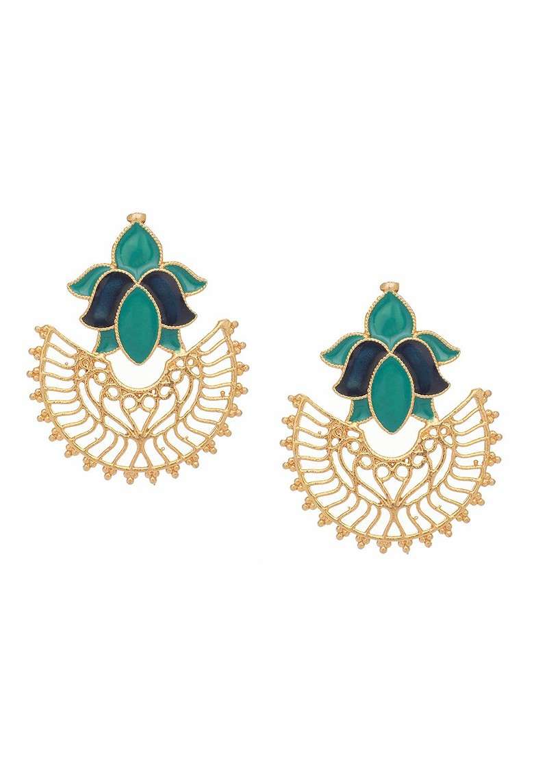 22K Gold Plated Turquoise Enamel Studded Indo Western Floral Jali Stud Earrings - Indya
