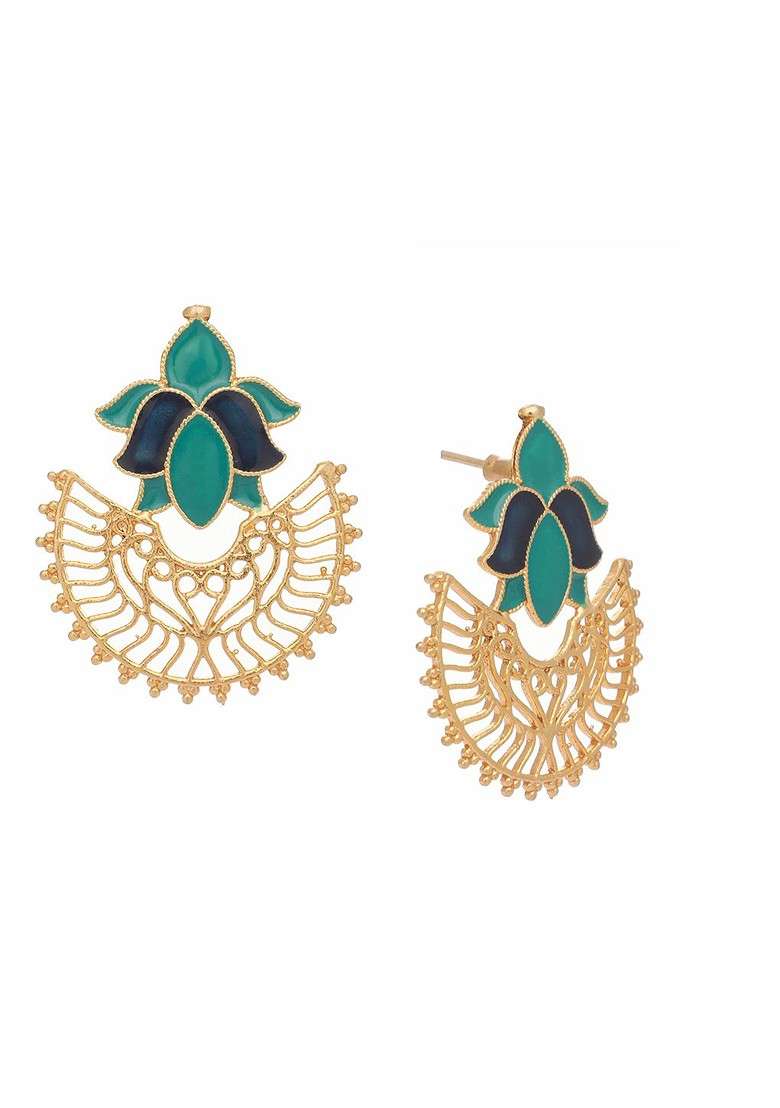 22K Gold Plated Turquoise Enamel Studded Indo Western Floral Jali Stud Earrings - Indya