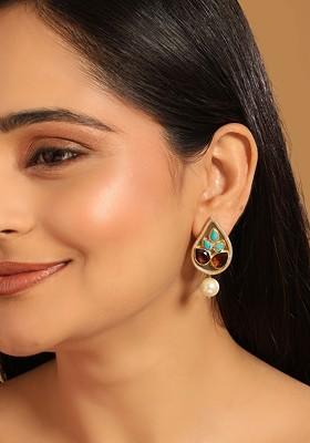 22K Gold Plated Faux Turquoise Stone Studded Contemporary Petal Shape Stud Earrings