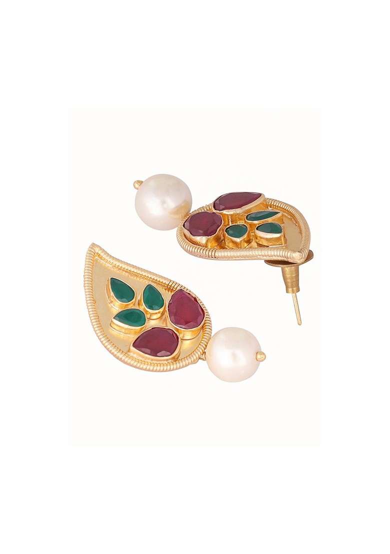 22K Gold Plated Ruby Stone Studded Dynamic Petal Shaped Pearl Drop Stud Earrings - Indya