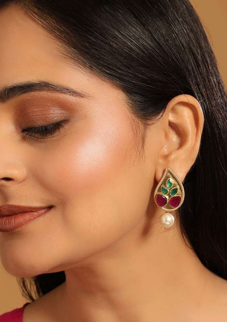 22K Gold Plated Ruby Stone Studded Dynamic Petal Shaped Pearl Drop Stud Earrings - Indya