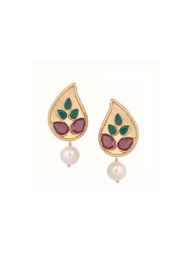 22K Gold Plated Ruby Stone Studded Dynamic Petal Shaped Pearl Drop Stud Earrings - Indya