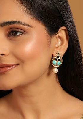 22K Gold Plated Turquoise Studded Contemporary Shaped Drop Earrings